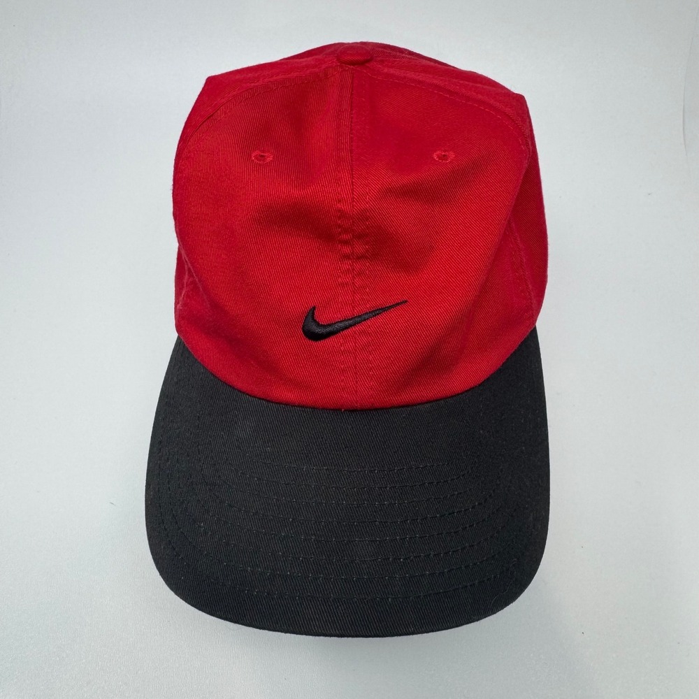Vintage Nike Swoosh Heritage Red Black Two Tone Adjustable Strapback Dad Hat Cap
